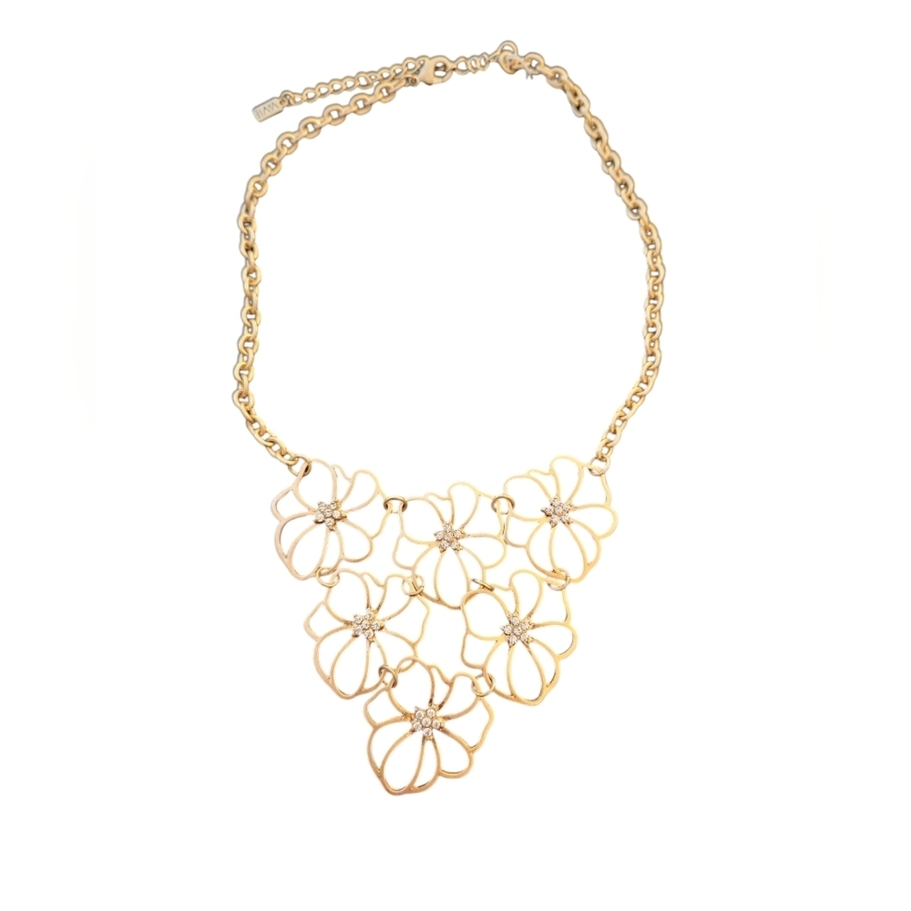 NWT ViVl Women's Vintage Goldtone Floral Bib Rhinestone Statement Necklace